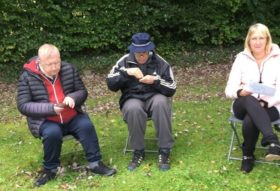 Three people seated on chairs beneath an old apple tree