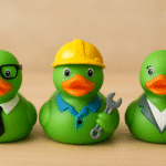 Three Green rubber ducks dressed as business and tradespeople